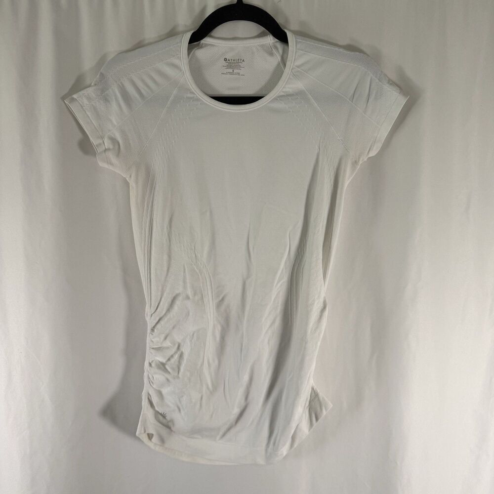 Athleta Ruched Top Women's Small Solid White Short Sleeve Round Neck Pullover